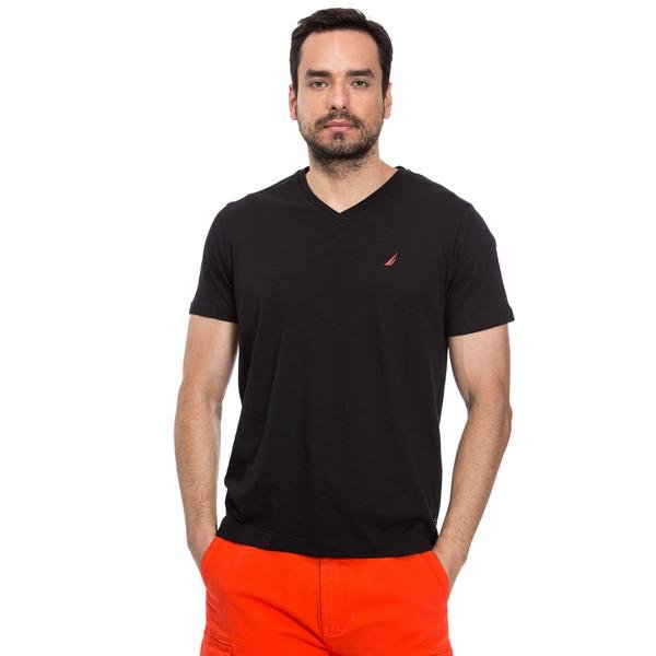 Nautica Erkek Siyah Kısa Kollu  Flamlı Slim Fit V-Yaka T-Shirt