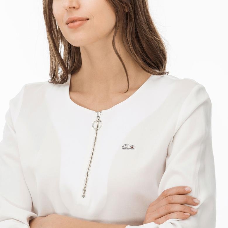 Lacoste Kadın Fermuarlı Beyaz Bluz