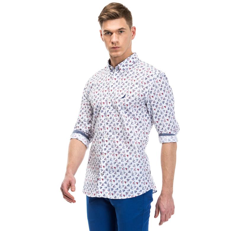 Nautica Erkek Yelken Desenli Beyaz Slim Fit Gömlek