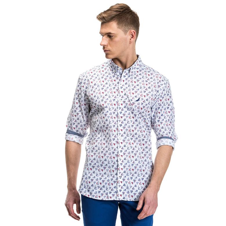 Nautica Erkek Yelken Desenli Beyaz Slim Fit Gömlek