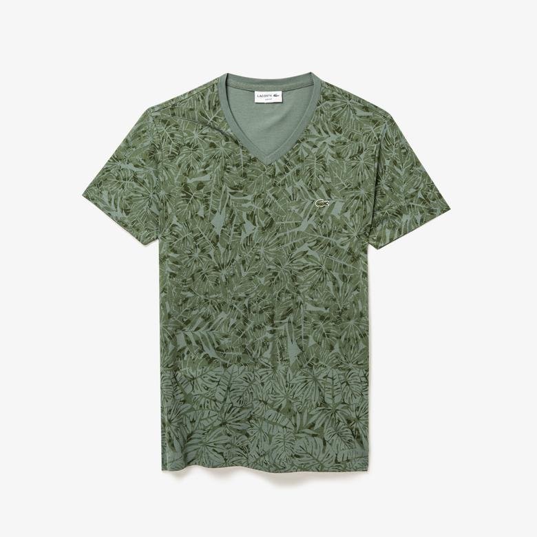 Lacoste Erkek V Yaka Desenli Yeşil T-Shirt