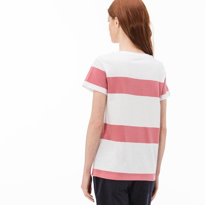 Lacoste Kadın Çizgili Beyaz-Kırmızı T-Shirt