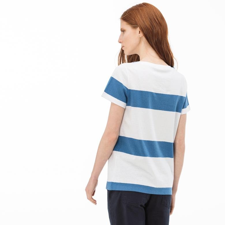 Lacoste Kadın Çizgili Mavi-Beyaz T-Shirt