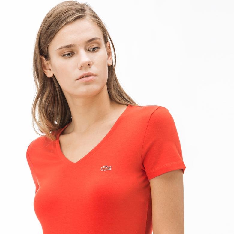 Lacoste Kadın V Yaka Kırmızı T-Shirt