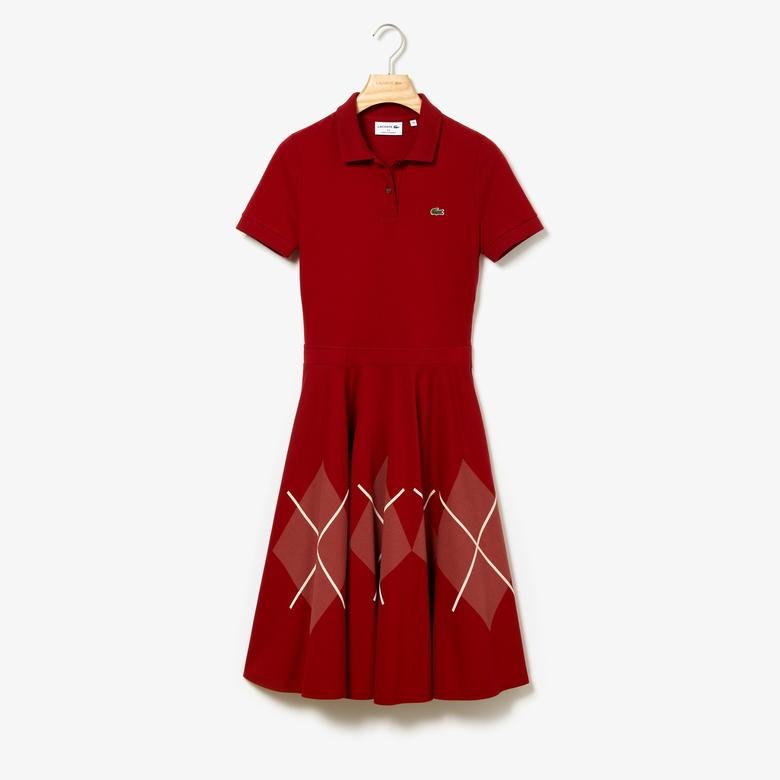 Lacoste Kadın Desenli Polo Yaka Kırmızı Elbise