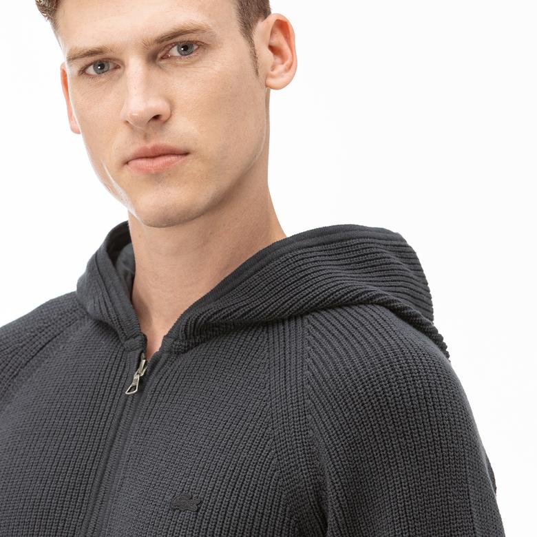 Lacoste Erkek Gri Kapüşonlu Fermuarlı Triko Hırka