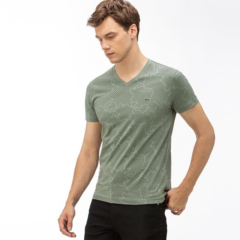 Lacoste Erkek Desenli V Yaka  Yeşil T-Shirt