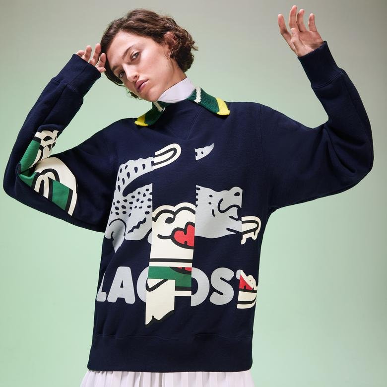 Lacoste Fashion Show Unisex Timsah Baskılı Lacivert Sweatshirt