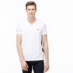 Lacoste Erkek V Yaka Çizgili Beyaz T-Shirt