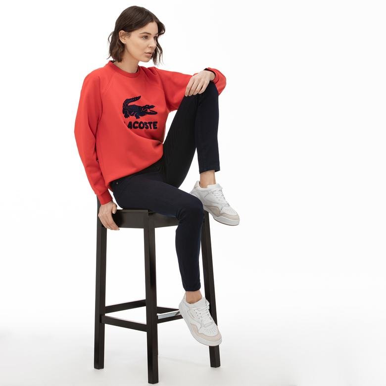 Lacoste Motion Kadın Bisiklet Yaka Timsah Baskılı Kırmızı Sweatshirt