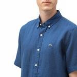 Lacoste Erkek Regular Fit Düğmeli Yaka Kısa Kollu Saks Mavi Keten Gömlek