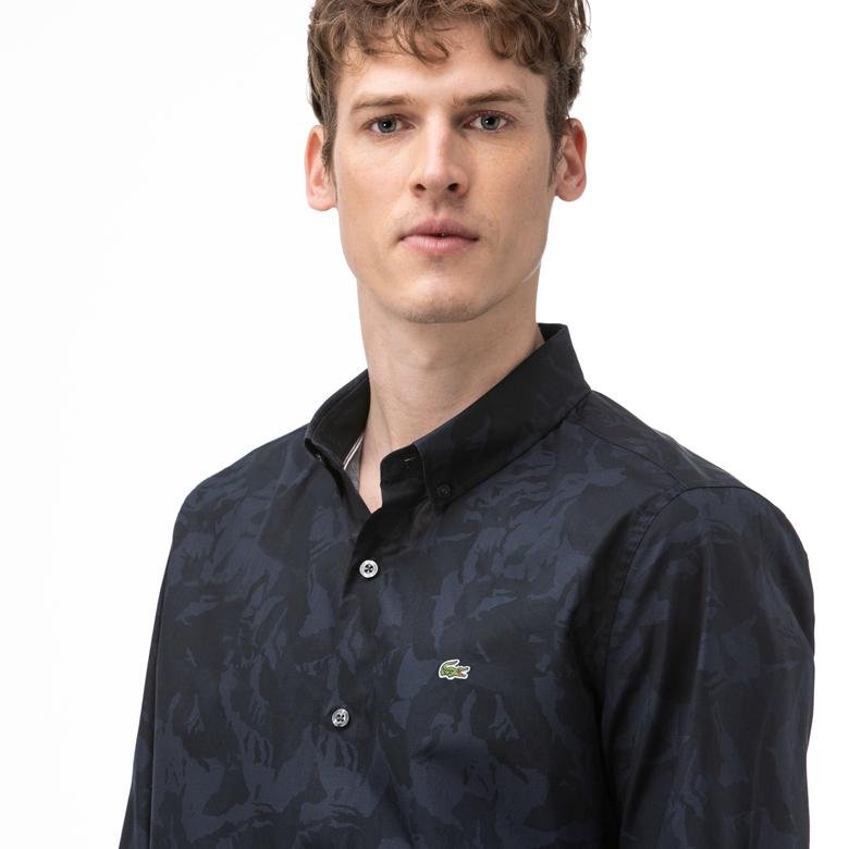 Lacoste Erkek Slim Fit Düğmeli Yaka Baskılı Lacivert Gömlek