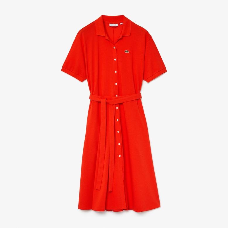 Lacoste Kadın Kırmızı Polo Yaka Kısa Kollu  Elbise