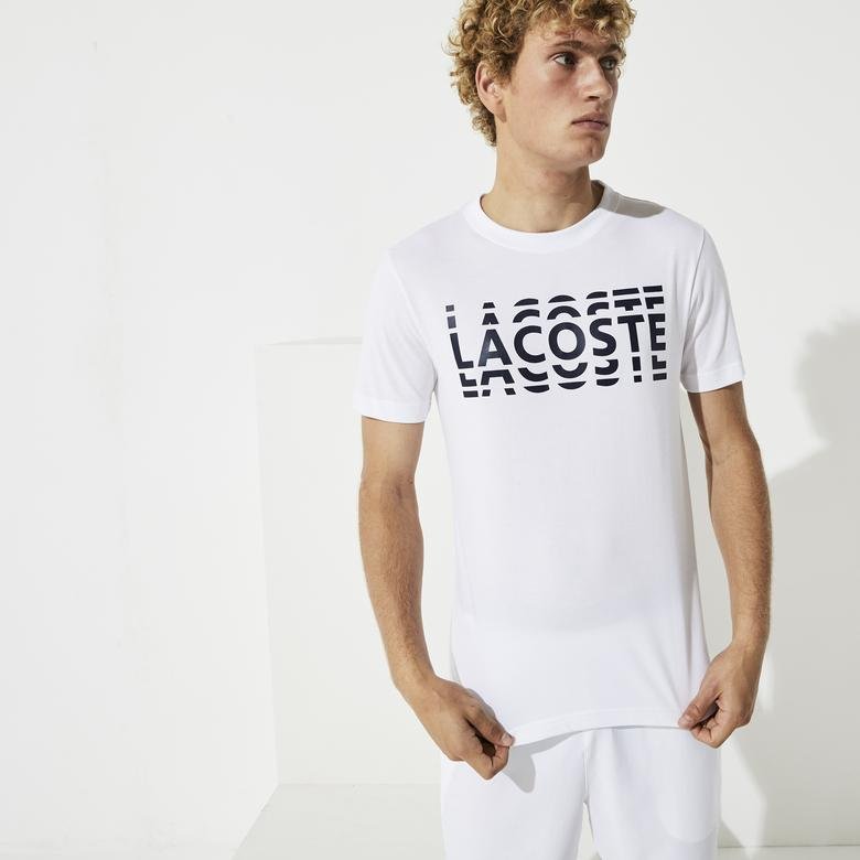 Lacoste Sport Erkek Bisiklet Yaka Baskılı Beyaz - Lacivert T-Shirt