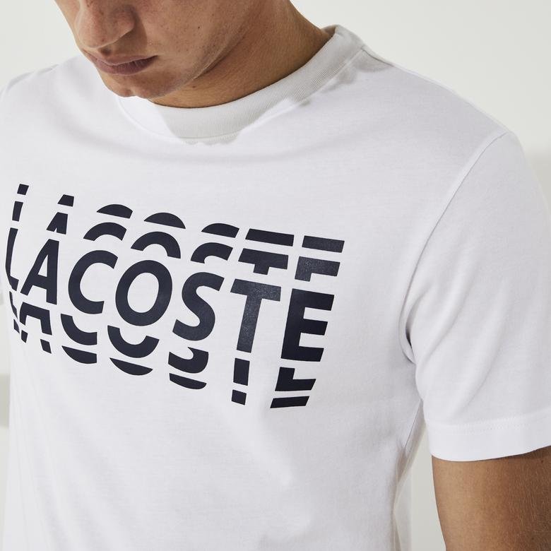 Lacoste Sport Erkek Bisiklet Yaka Baskılı Beyaz - Lacivert T-Shirt