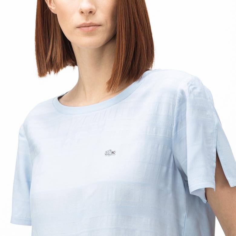 Lacoste Kadın Kayık Yaka Çizgili Açık Mavi T-Shirt