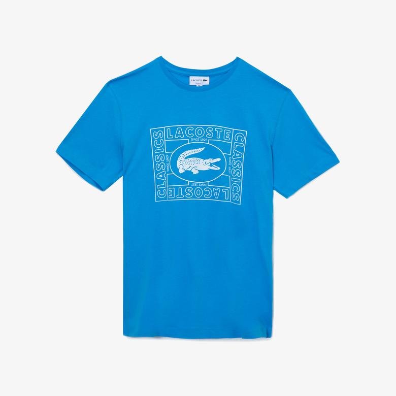 Lacoste Erkek Bisiklet Yaka Baskılı Mavi T-Shirt