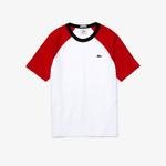 Lacoste L!VE Erkek Bisiklet Yaka Blok Desenli Beyaz - Kırmızı T-Shirt