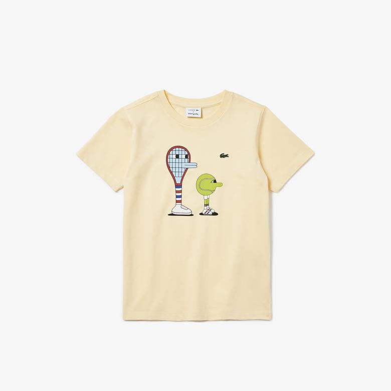 Lacoste X Jeremyville Çocuk Bisiklet Yaka Desenli Açık Sarı T-Shirt
