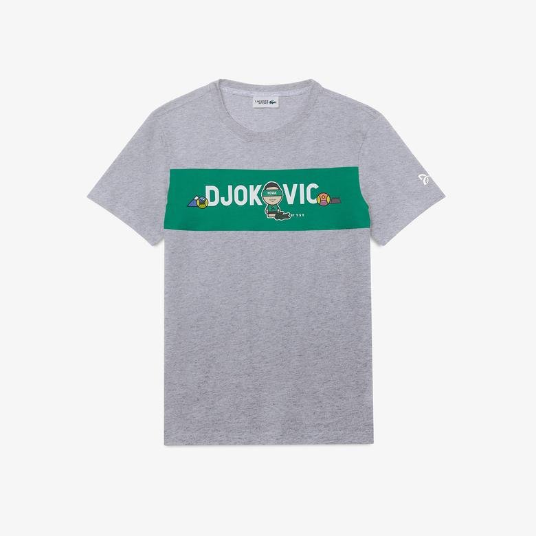 Lacoste Novak Djokovic X YSY Erkek Baskılı Bisiklet Yaka Gri T-Shirt