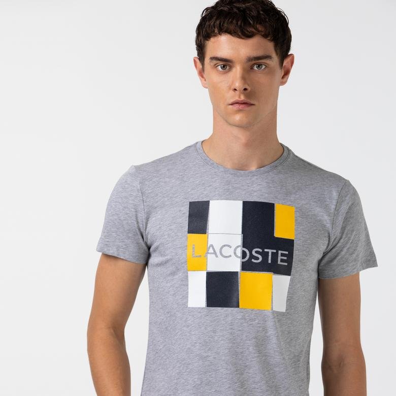 Lacoste Sport Erkek Baskılı Bisiklet Yaka Gri T-Shirt