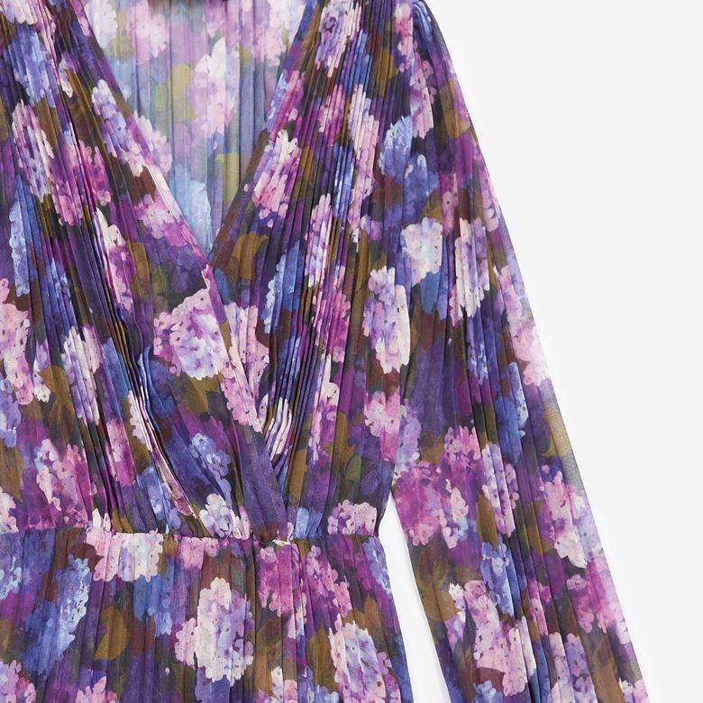 The Kooples Pileli Çiçek Desenli Kadın Mor V Yaka Elbise