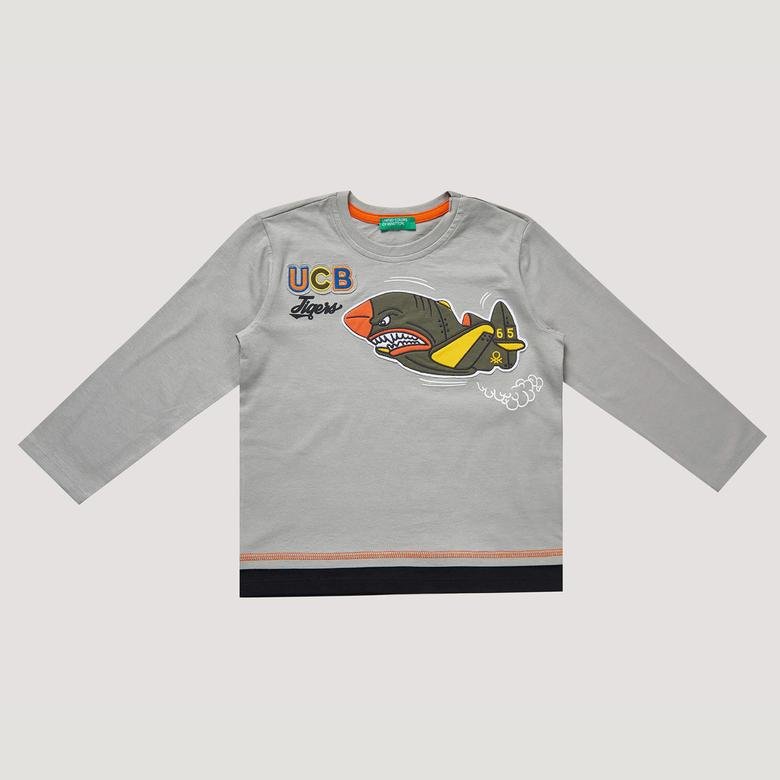 Benetton Uçak Kaplan Aplikeli Erkek Çocuk Gri T-Shirt