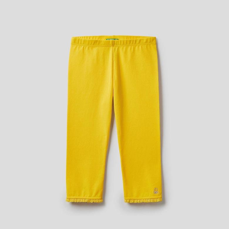 Benetton Paçası Dantelli Kapri Kız Çocuk Sarı Pantolon