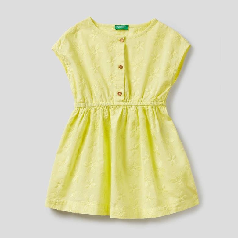 Benetton Papatya İşlemeli Kız Çocuk Sarı Elbise