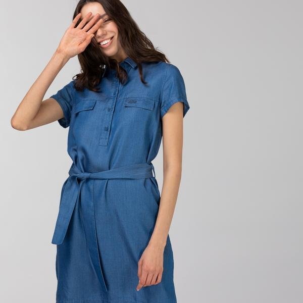 Lacoste Kadın Kısa Kollu Gömlek Yaka Açık Denim Elbise
