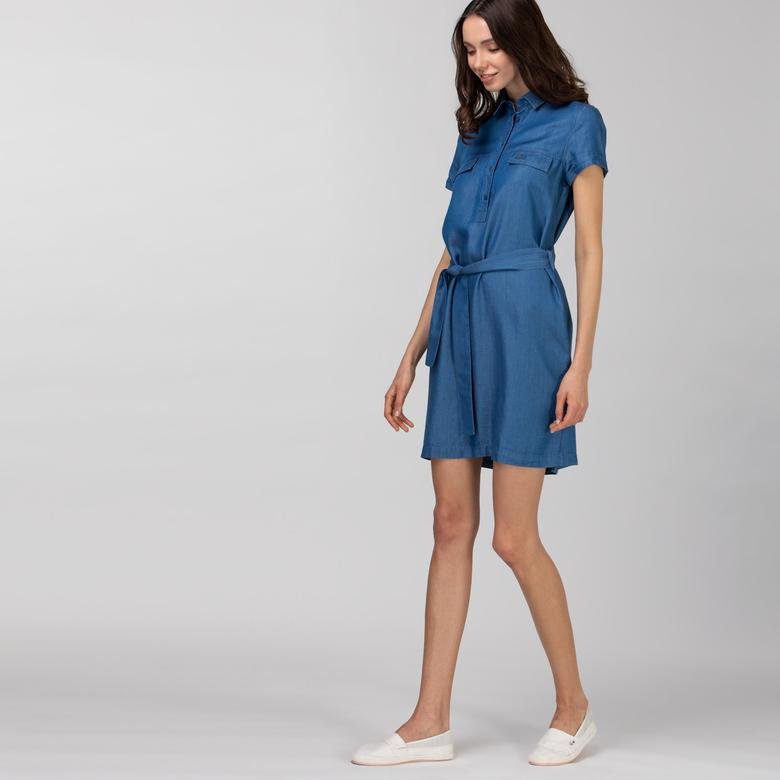 Lacoste Kadın Kısa Kollu Gömlek Yaka Açık Denim Elbise