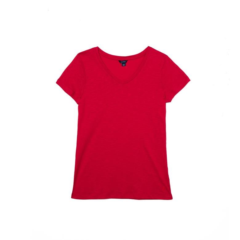 Nautica Kadın Kırmızı V-Yaka T-Shirt