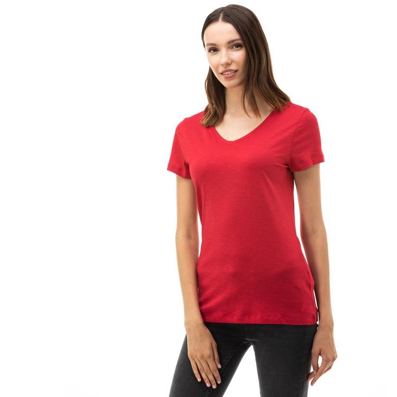 Nautica Kadın Kırmızı V-Yaka T-Shirt