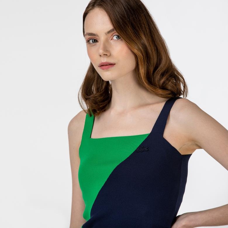 Lacoste Kadın Kolsuz Askılı Renk Bloklu Lacivert-Yeşil Triko Bluz
