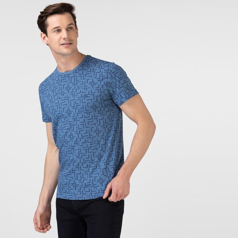 Lacoste Erkek Slim Fit Bisiklet Yaka Desenli Mavi T-Shirt