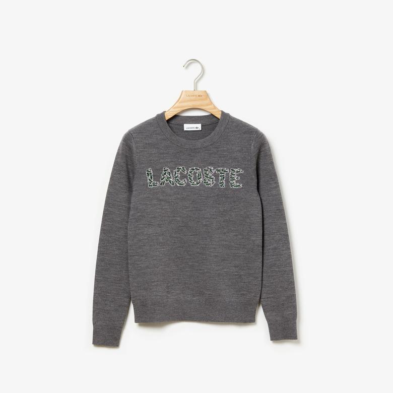 Lacoste Kadın Croco Magic Desenli Bisiklet Yaka Gri Triko