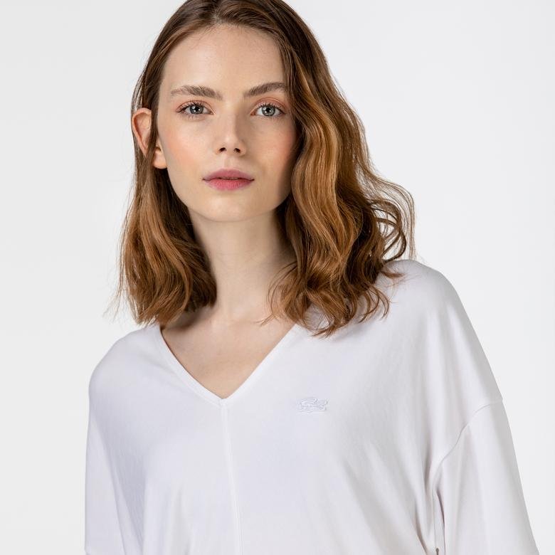Lacoste Kadın Kısa Kollu V Yaka Beyaz Bluz
