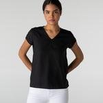 Lacoste Kadın Kısa Kollu V Yaka Siyah Bluz