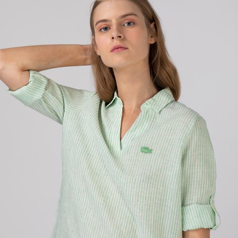 Lacoste Kadın Keten Çizgili Yeşil Gömlek