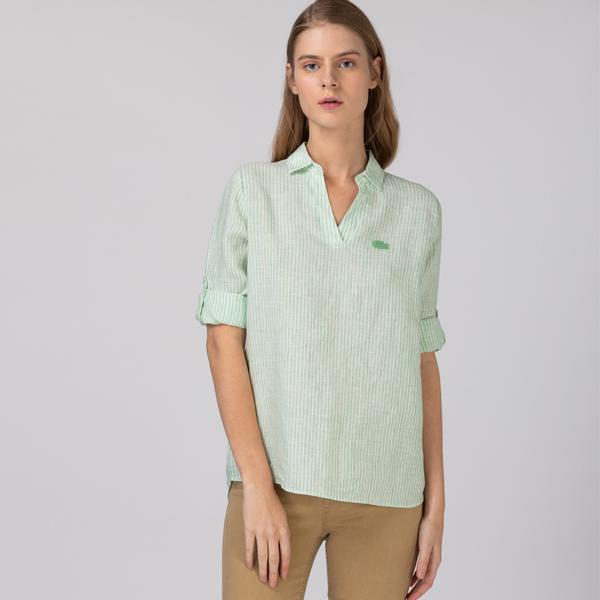 Lacoste Kadın Keten Çizgili Yeşil Gömlek