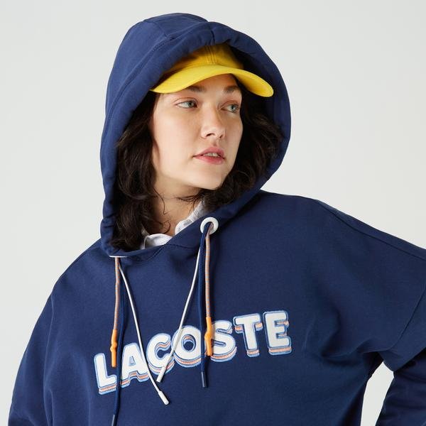 Lacoste Kadın Relaxed Fit Kapüşonlu Baskılı Lacivert Sweatshirt
