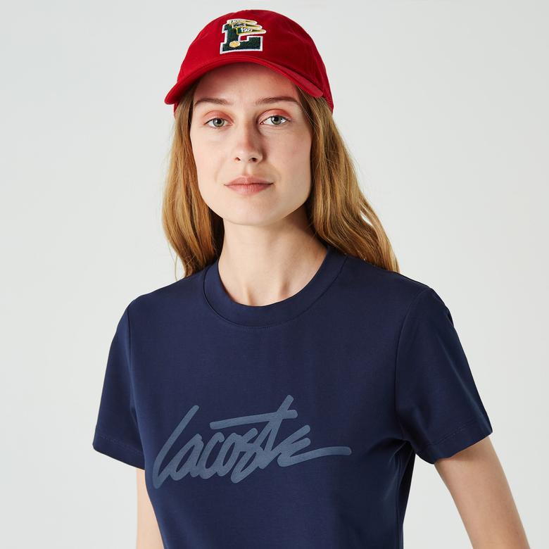 Lacoste Kadın Slim Fit Bisiklet Yaka Baskılı Lacivert T-Shirt