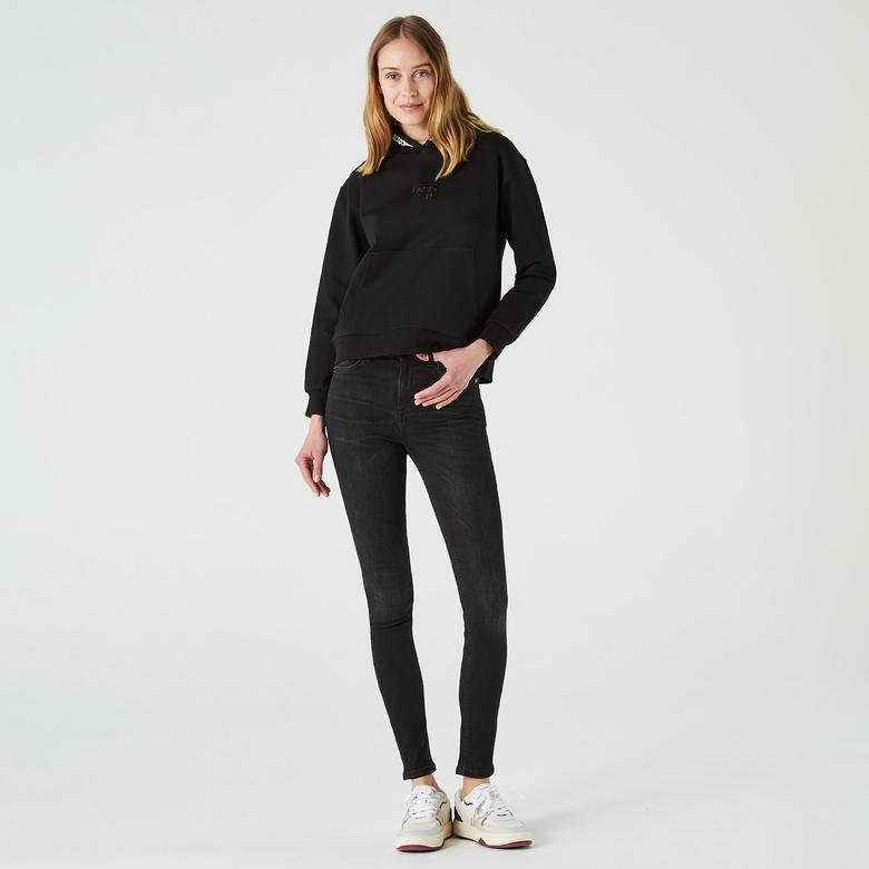 Lacoste Kadın Regular Fit Kapüşonlu Baskılı Siyah Sweatshirt