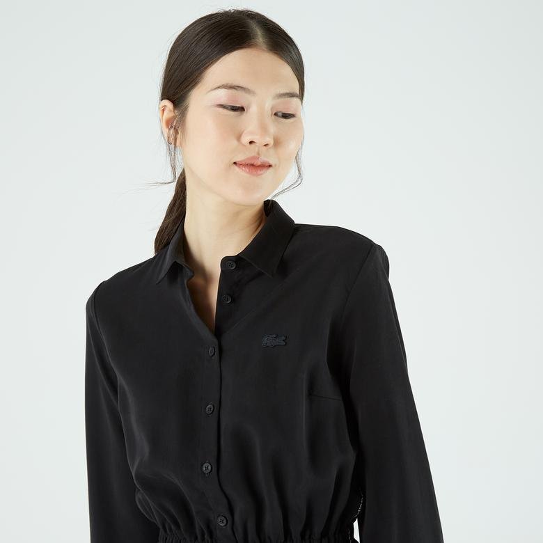 Lacoste Kadın Loose Fit Uzun Kollu Gömlek Yaka Denim Siyah Elbise