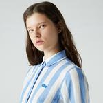Lacoste Kadın Relaxed Fit Çizgili Keten Mavi Gömlek