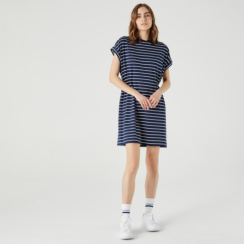 Lacoste Kadın Regular Fit Kısa Kollu Bisiklet Yaka Çizgili Lacivert Elbise
