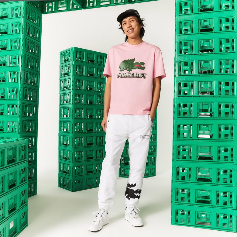 Lacoste X Minecraft Erkek Relaxed Fit Bisiklet Yaka Baskılı Pembe T-Shirt