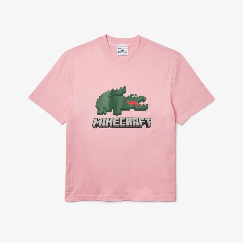 Lacoste X Minecraft Erkek Relaxed Fit Bisiklet Yaka Baskılı Pembe T-Shirt