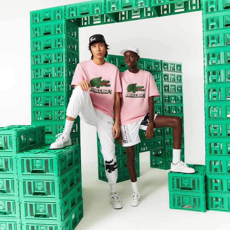 Lacoste X Minecraft Erkek Relaxed Fit Bisiklet Yaka Baskılı Pembe T-Shirt