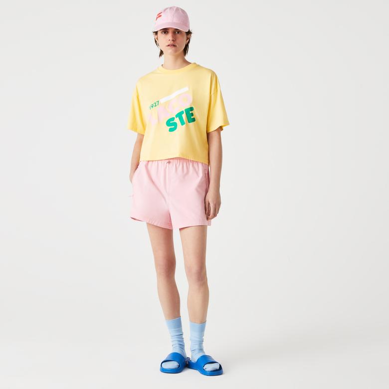 Lacoste Kadın Relaxed Fit Bisiklet Yaka Baskılı Açık Sarı T-Shirt